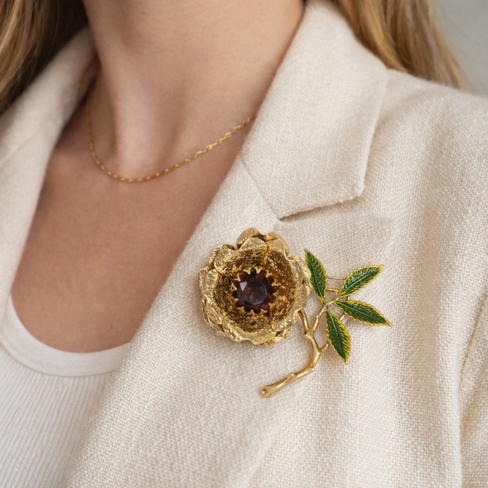 Vintage 1970s Sarah Coventry Brooch Gold Tone Rose Green Enamel Floral